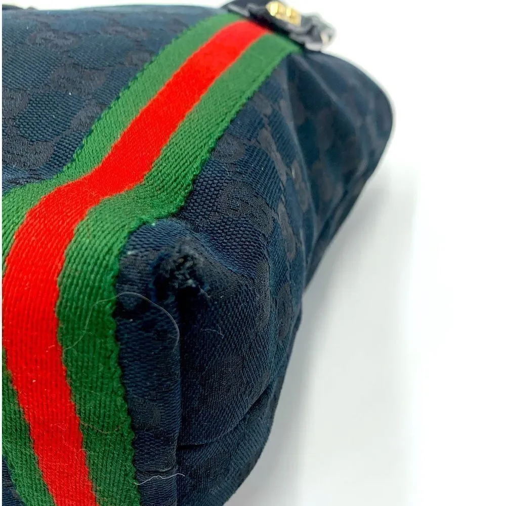 Gucci Small Black GG Canvas Sherry Line Jolicoeur Bucket Tote Bag Gold Charms